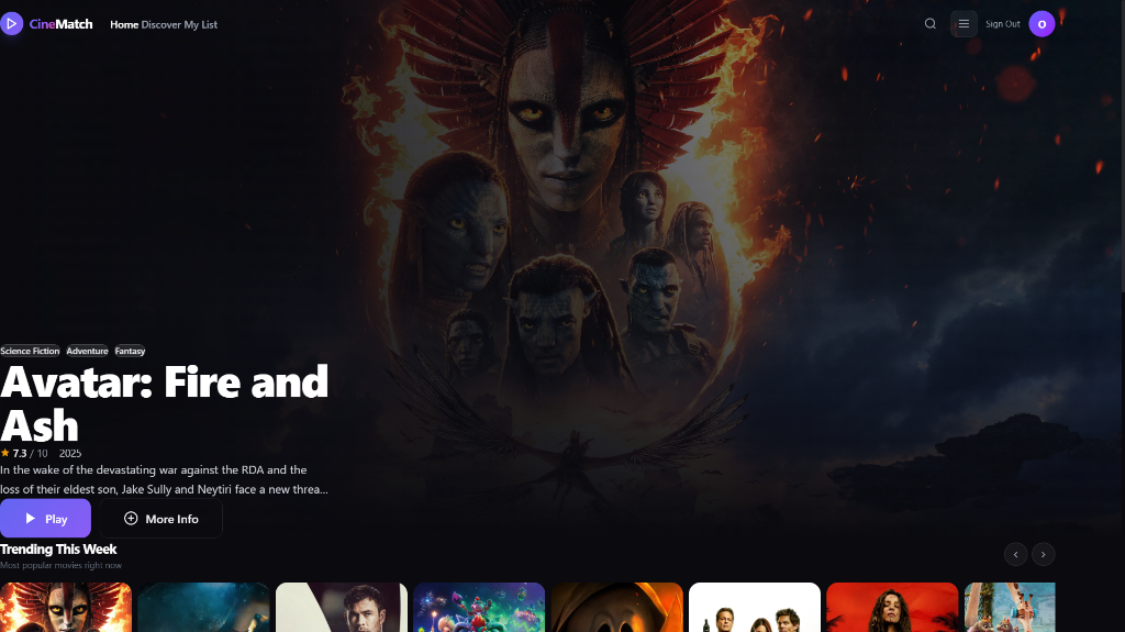 CineMatch AI – Home Page with Trending Movies